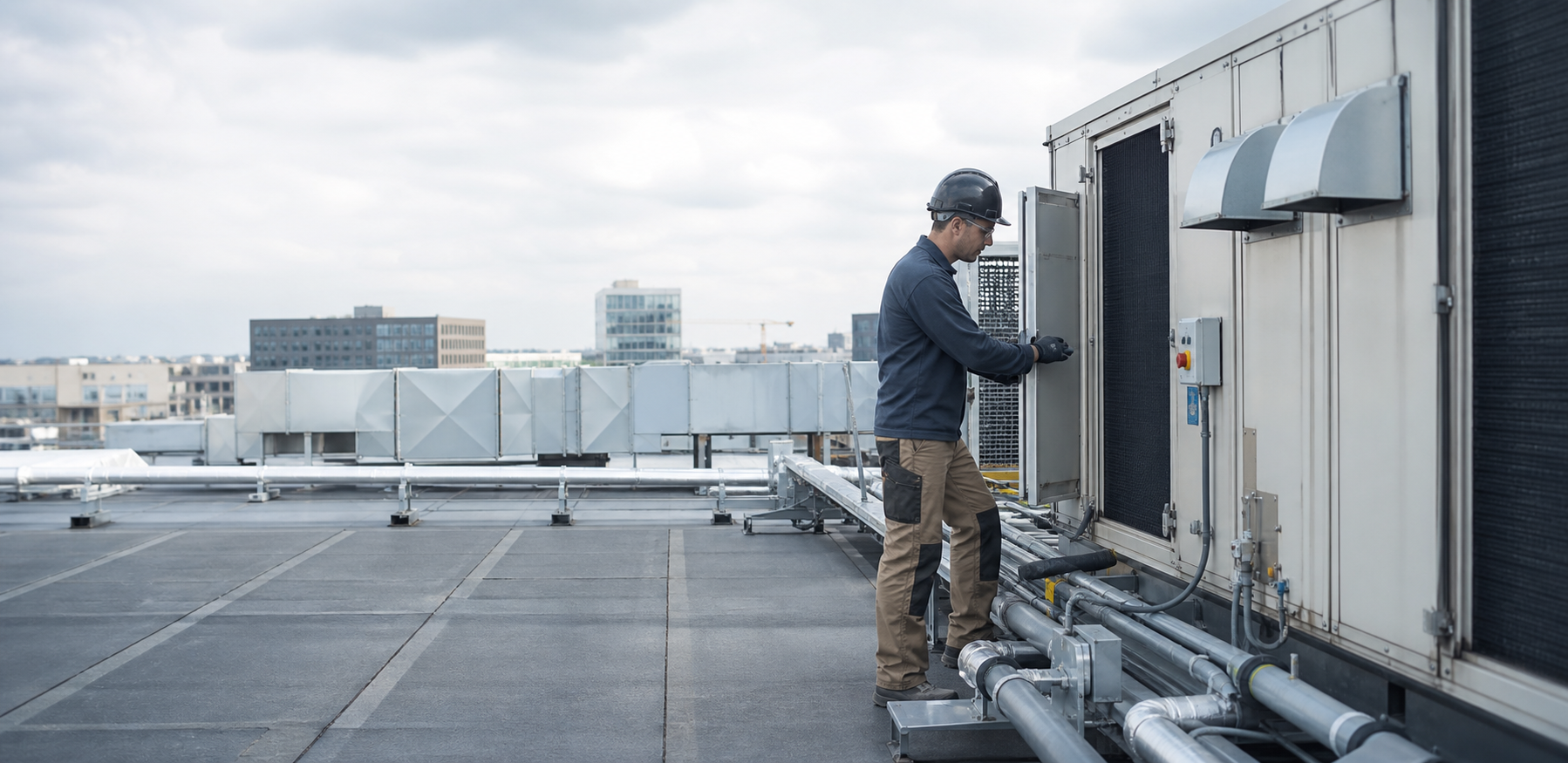 Technician inspecting commercial rooftop HVAC equipment